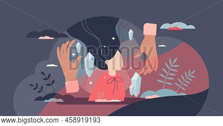 Energy Healing And Spiritual Crystal Power For Therapy Tiny Person Concept. Wellness And Esoteric Al