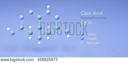 Citric Acid, Alphahydroxy Acid. Molecular Structure 3d Rendering, Structural Chemical Formula And At