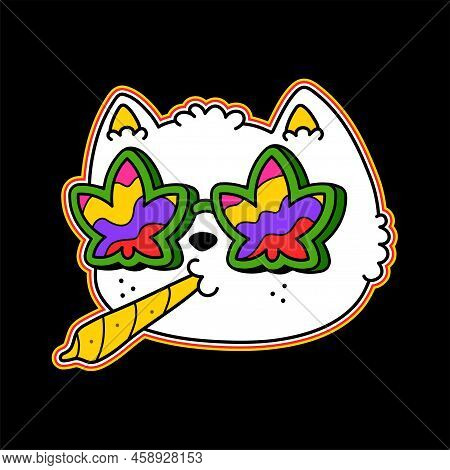 Trippy Cat With Weed Joint T-shirt Print Design. Vector Logo Cartoon Character Illustration. Trippy 