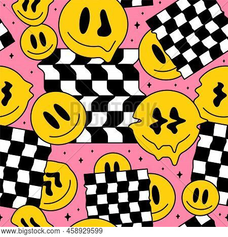 Funny Melt Smile Faces Geometry Seamless Pattern.vector Crazy Cartoon Character Illustration.smile T