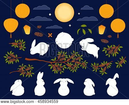 Mid Autumn Festival Rabbits, Osmanthus, Moon, Lanterns, Clouds Design Elements Set, Isolated. Hand D