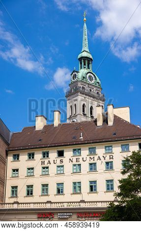 Munich, Germany - July 6, 2022: Peterskirche Or Also Called Alter Peter, Behind The 