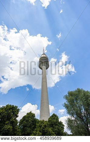 Munich, Germany - July 6, 2022: The Olympiaturm (olympia Tower) At Olympia Park. Looking Up Through 
