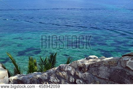 Montenegro, Budva. Sea View. In The Foreground Is A Photo Of A Palm Tree.