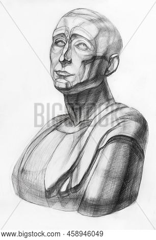 Study Drawing Of Plaster Bust Of Niccolo Da Uzzano Hand-drawn By Graphite Pencil On White Paper