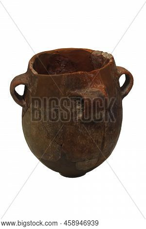 Isolated Image Of An Ancient Jug On A White Background. Neolithic Stone Jar From The Island Of Mochl