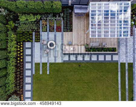 Droneshot Of A Garden In A Country House