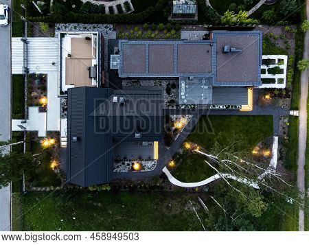 Droneshot Of A Garden In A Country House