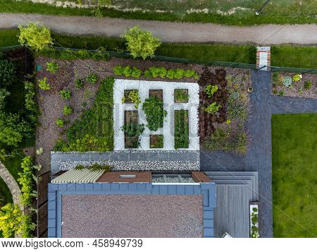 Droneshot Of A Garden In A Country House