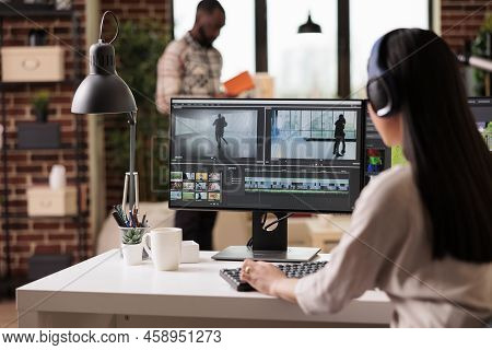 Female Video Editor Working With Creative Footage, Editing Film Montage With Color Grading And Sound