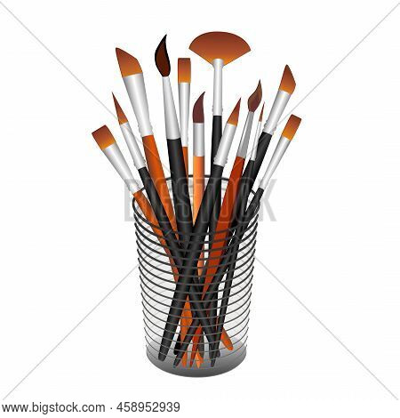 Fine Art Paintbrush Collection In Tall Holder For Watercolor, Oil, Acrylic, Gouache, Tempera Paint A