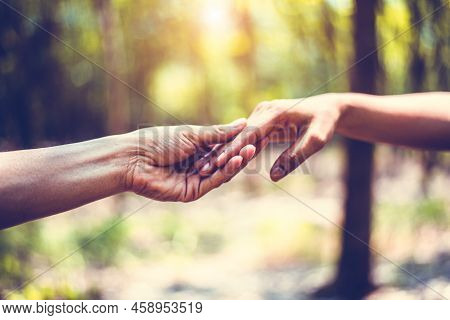 Closeup Of Helping Hand Of Human During Travel In Forest. Hand In Hand Together. Two Hands Holding F
