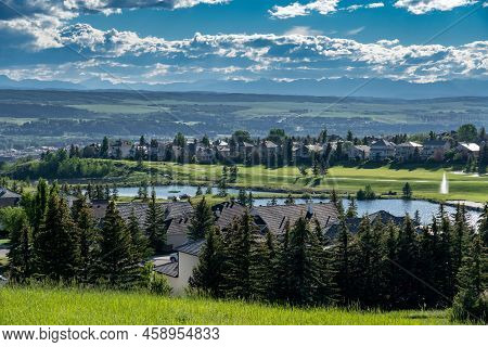 Cochrane Alberta Canada, July 14 2022: Overlooking A Small Alberta Town With The Glen Eagles Golf Co