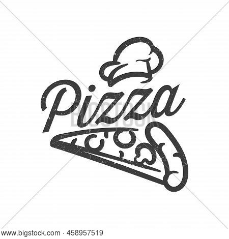 Pizza Slice Logo With Hat Chef For Restaurant And Cafe, Black And White Vector Illustration Isolated