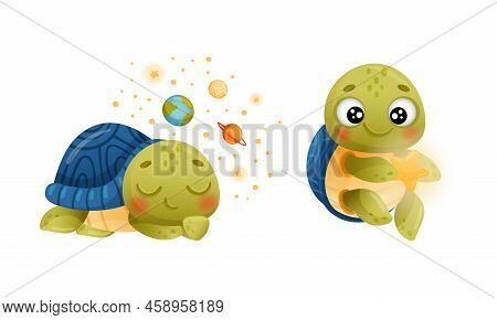 Cute Green Turtle Dreaming Of Outer Space And Holding Star Vector Set