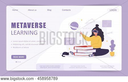 Metaverse Learning Landing Page Template. Woman In Vr Glasses Sitting And Reading Books. Modern Tech