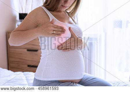 Breast Pain Self Exam. Young Pregnancy Woman Examining Breast For Signs Lumps. Breast Self Exam. Hea