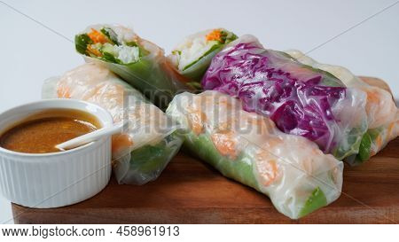 Vietnamese Spring Rolls Goi Cuon Or Nem Cuon,  Filled With Prawns, Herbs, Rice Vermicelli And Vegeta
