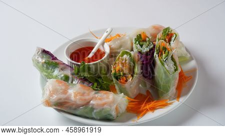Vietnamese Spring Rolls Goi Cuon Or Nem Cuon,  Filled With Prawns, Herbs, Rice Vermicelli And Vegeta
