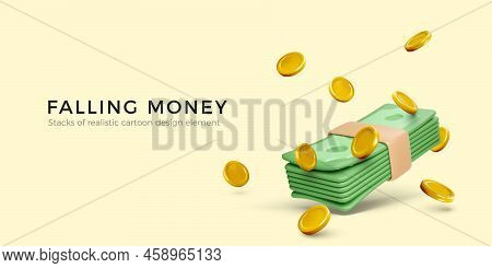 Falling Money. 3d Realistic Cartoon Gold Coins And Dollar Banknote Bundle. Big Win Or Jackpot Banner