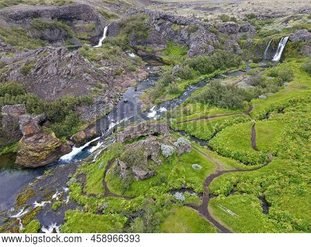 Drone View At The Waterfalls Of Gjain In Iceland