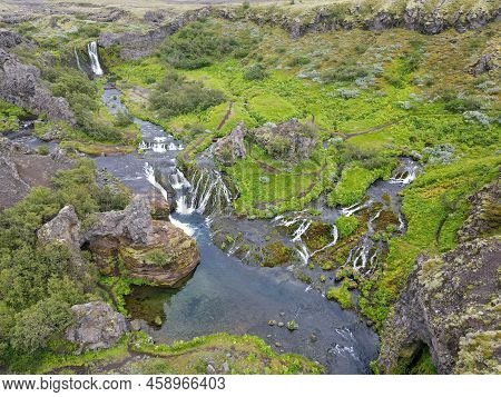 Drone View At The Waterfalls Of Gjain In Iceland