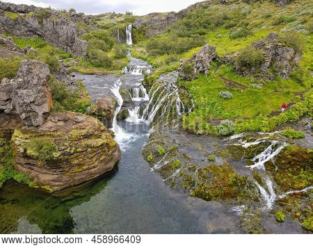 Drone View At The Waterfalls Of Gjain In Iceland