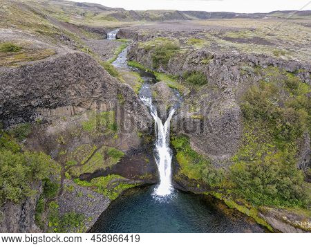 Drone View At The Waterfalls Of Gjain In Iceland