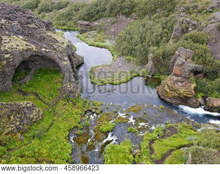 Drone View At The Waterfalls Of Gjain In Iceland