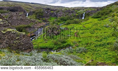 Drone View At The Waterfalls Of Gjain In Iceland