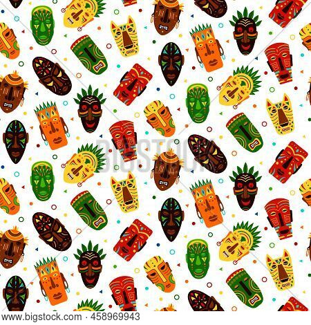 Nigeria African Mask Pattern. Ancient Afro Background, Fabric With Aboriginal Tiki Faces, Old Tribe 