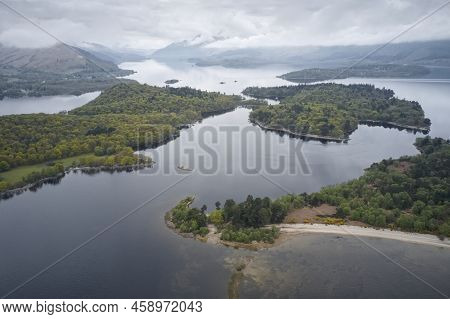 Loch Lomond Aerial View Showing Islands Inchtavannach, Inchconnachan, Inchcruin And Inchfad