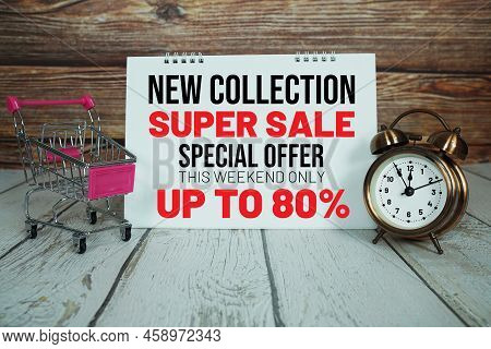 Super Sale 80%  Text Message With Shoppint Trolley Cart On Wooden Background