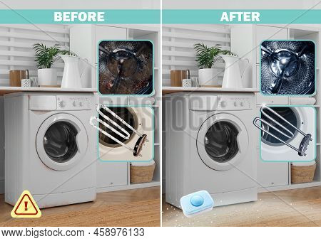 Drum And Heating Element Of Washing Machine Before And After Using Water Softener Tablet, Collage