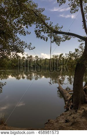 Forest River In The Evening. Calm River Water. Landscape Of A Forest River. A Bungee Hangs On A Tree