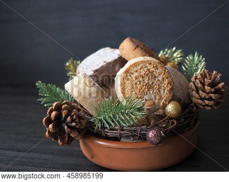 Different Spanish Holiday Cookies. Polvorones, Estepa, Mantecados And Branches Of The Christmas Tree