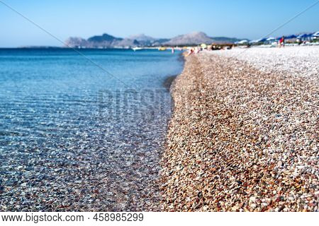 Pebble Beach And Sea. Traganou Beacg In Rhodes Island, Greece