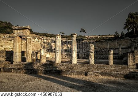 Archaeological Site Ancient Kamiros Town In Rhodes Island At Greece: Ruins Of Hellenistic Doric Temp
