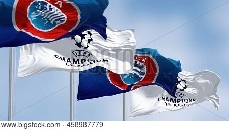 Istanbul Tur, July 2022: Flags With Uefa And Uefa Champions League Waving In The Wind. Champion Leag