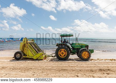 07.24.2022. Dominican Republic Bavaro Punta Cana Provinces La Altagracia. Seaweed On The Beach. Alga