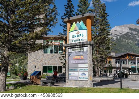Canmore, Alberta, Canada - July 7, 2022: Sign For The Shops Of Canmore, A Small Shopping Area Near D