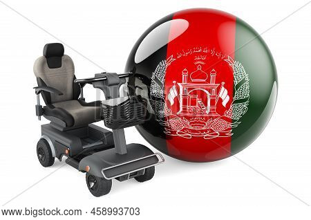 Afghan Flag With Indoor Powerchair Or Electric Wheelchair, 3d Rendering Isolated On White Background