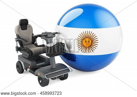 Argentinean Flag With Indoor Powerchair Or Electric Wheelchair, 3d Rendering Isolated On White Backg
