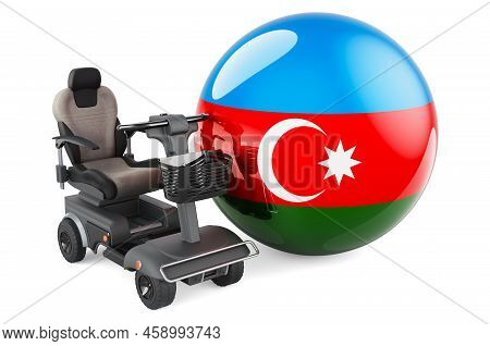 Azerbaijani Flag With Indoor Powerchair Or Electric Wheelchair, 3d Rendering Isolated On White Backg