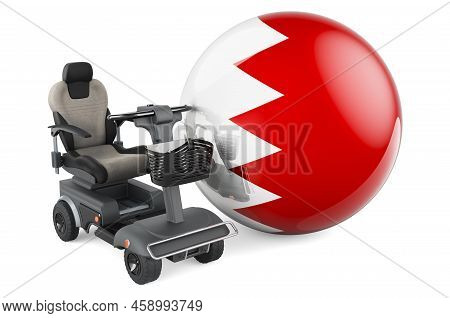Bahraini Flag With Indoor Powerchair Or Electric Wheelchair, 3d Rendering Isolated On White Backgrou