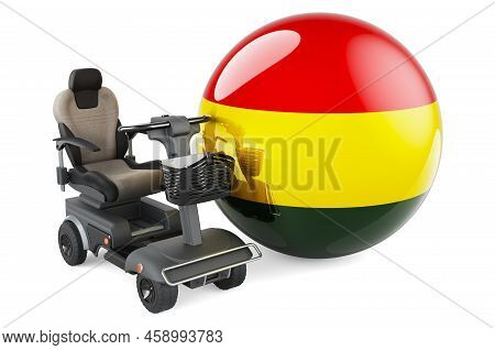 Bolivian Flag With Indoor Powerchair Or Electric Wheelchair, 3d Rendering Isolated On White Backgrou