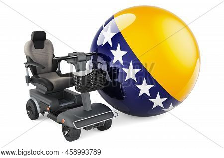Bosnian And Herzegovinan Flag With Indoor Powerchair Or Electric Wheelchair, 3d Rendering Isolated O