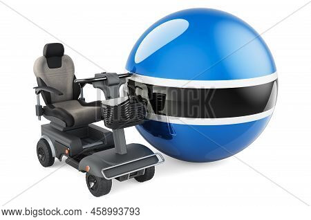 Botswanian Flag With Indoor Powerchair Or Electric Wheelchair, 3d Rendering Isolated On White Backgr