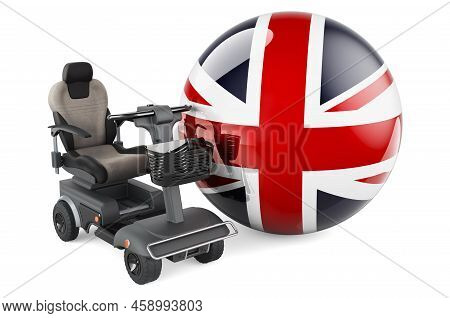 British Flag With Indoor Powerchair Or Electric Wheelchair, 3d Rendering Isolated On White Backgroun