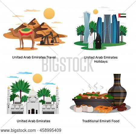 Uae Travel 4 Flat Compositions With Traditional Food Holidays Sightseeing Guide Natural Monuments Ar